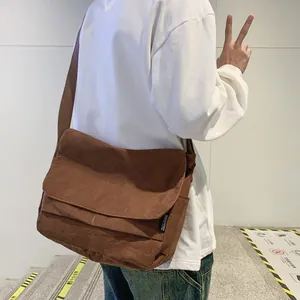 Large brown corduroy messenger bag for men and women in Japanese casual style