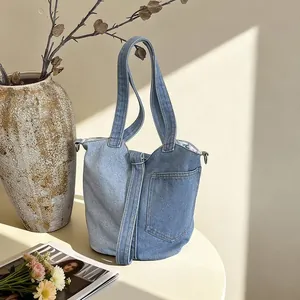 Sac seau en denim patchwork élégant pour femmes, sac à bandoulière et porté travers décontracté