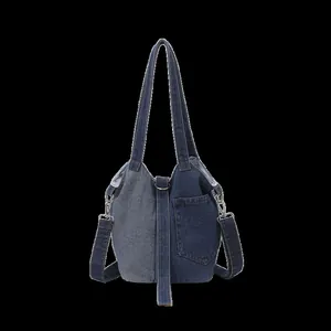 Sac seau en jean décontracté pour femme avec poignées et longue bandoulière amovible