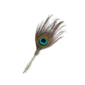 Pluma de pavo real vintage con soporte decorativo de metal bronce antiguo regalo