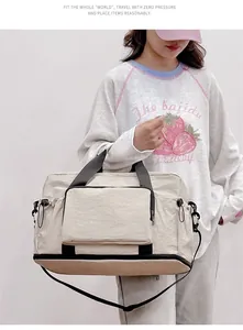 Large capacity cream travel bag with wet dry separation carried by model