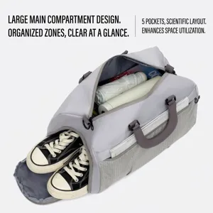 Large capacity grey travel duffel bag with five organized pockets and shoe compartment