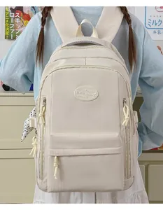 Stylish cream white minimalist school backpack for teenage girls with multiple functional pockets