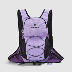 Purple outdoor cycling hydration backpack with adjustable bungee cords and mesh pockets