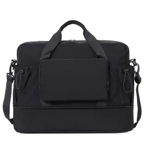 Large black dry wet separation waterproof gym bag with expandable bottom and strap