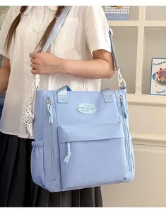 Light blue water-resistant school backpack shown on model in minimalist Japanese style