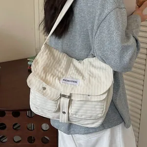 Borsa a tracolla retrò in tela bianca con grande capacità e design minimalista per studenti