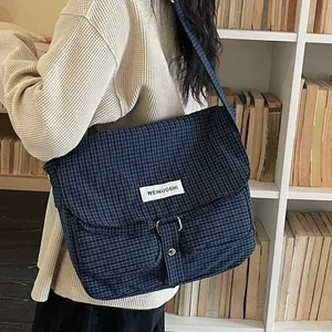 Borsa a tracolla retrò in tela a scacchi blu navy con grande capacità per studenti