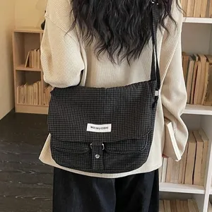Borsa a tracolla vintage in tela a quadretti per studenti, grande capacità