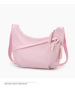 Stylish pink Oxford nylon crossbody bag for women with woven zipper pull details