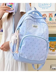 Close-up of light blue striped backpack featuring lace trim and a cute star charm