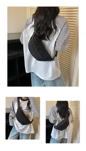 Minimalist black chest bag for women in street style shown from multiple angles