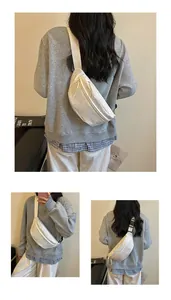 Multiple views of a minimalist cream canvas chest bag worn casually for a street style look
