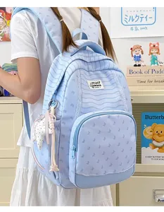 Back view of light blue striped student backpack with butterfly patterns and star charm