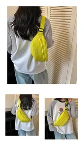 Detailed multi-angle views of a bright yellow street style crossbody chest bag