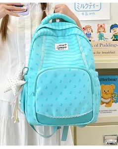 Close-up of the light blue striped student backpack featuring cute lace trim and star.