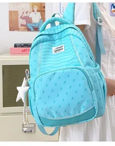 Lightweight light blue student backpack featuring butterfly patterns and delicate lace trim detail