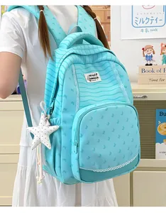 Cute light blue striped school backpack with star pendant worn by a student girl.