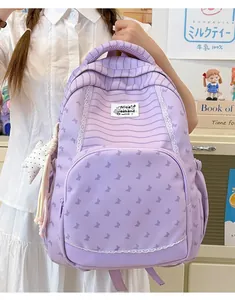 Detailed view of purple school backpack with butterfly prints and lace accents for girls