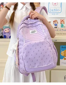 Purple striped school backpack with butterfly print and cute star pendant accessory