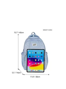 Detailed size guide of the light blue striped student backpack with weight information