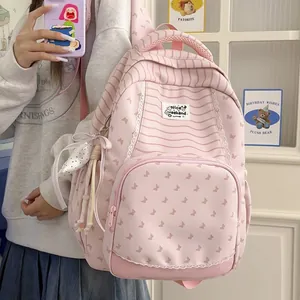 Lightweight Large Capacity Student Backpack Striped Butterfly Print Nylon School Bag For Youth Girls Outdoor Travel Backpack With Pendant