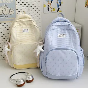 Pastel striped school backpack with star charm, large capacity bag for students