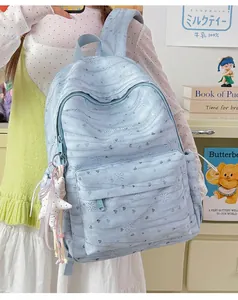 Detail view of light blue tie-dye backpack fabric and zipper, Korean style aesthetic.