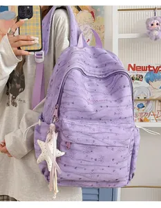 Stylish lilac purple bow patterned backpack for high school girls and college students