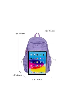 Detail view of a purple schoolbag showing dimensions 41x29x14cm and 0.43kg weight.