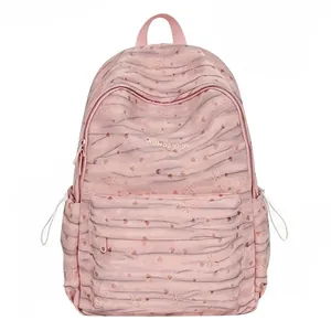 Korean style pink tie-dye backpack with heart patterns and large capacity for school