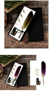 Vue détaillée du coffret cadeau stylo plume vintage avec encrier et plumes de rechange.