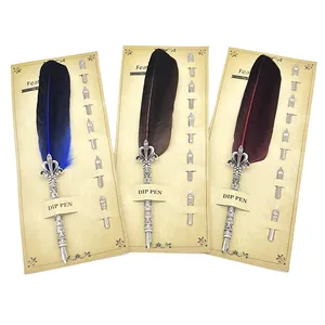Vintage Feather Dip Pen Set With 5 Nibs Retro Metal Engraved Handle Calligraphy Fountain Pen For Business Gift Office Writing