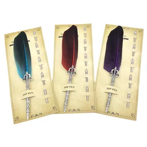 Elegant vintage feather quill dip pen gift set with interchangeable nibs in three colors