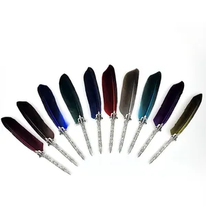 Vintage feather dip pen set with ornate silver barrels in 10 vibrant colors for calligraphy