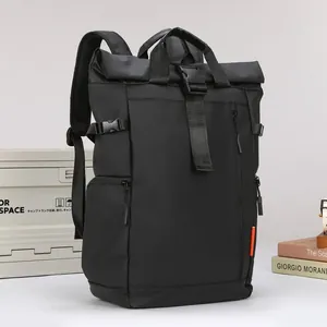 Professional large capacity black waterproof oxford cloth roll-top backpack for men