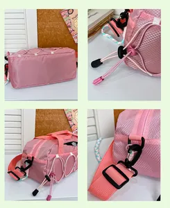 Detailed shots of pink outdoor crossbody bag with durable grid fabric and adjustable strap