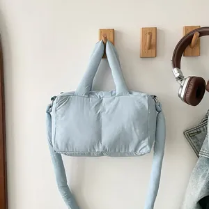 Korean Quilted Padded Tote Bag For Women Nylon Puffer Shoulder Messenger Handbag Soft Warm Winter Solid Color Casual Tote Bag