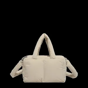 Premium beige quilted puffer tote bag with padded handles and detachable shoulder strap