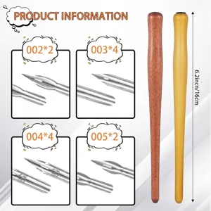 Detailed view of retro wooden dip pen set with interchangeable nibs and dimensions