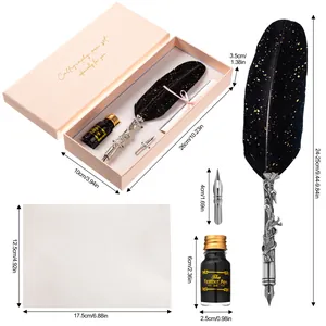 Detailed dimensions of natural feather dip pen gift box set with ink and paper included