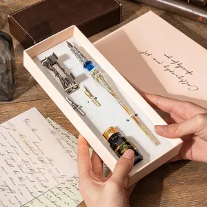 Set di Penne a Immersione in Vetro di Cristallo Penna Calligrafica Retrò con Inchiostro in Bottiglia Pennini di Ricambio Scatola Regalo