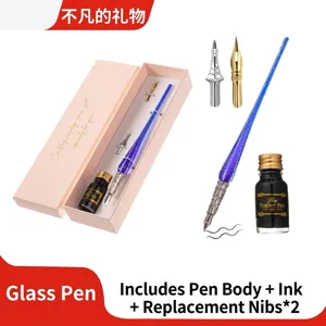Elegante set de regalo pluma de vidrio de cristal con tinta dorada y dos plumillas