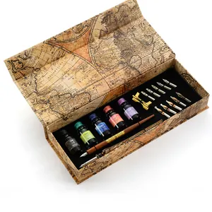 Set di calligrafia vintage con 5 inchiostri e pennini assortiti in scatola regalo mappa