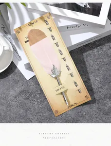 Set penna piuma rosa vintage con cinque pennini di ricambio su un cartoncino elegante
