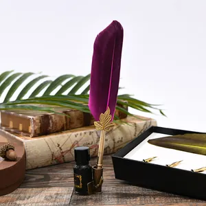Coffret cadeau stylo plume européen antique avec plume violette et corps en alliage doré