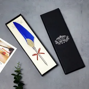 Vintage Natürliche Gänsefeder Kugelschreiber Goldblatt Dekoration Metall Schreibstift Mit Geschenkbox Für Schreibwaren Geschenk