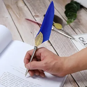 Vintage-Kugelschreiber mit blauer Feder und goldenem Blattdetail für Geschenke