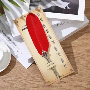 Set vintage di penne a immersione in piuma di tacchino rossa con 5 pennini