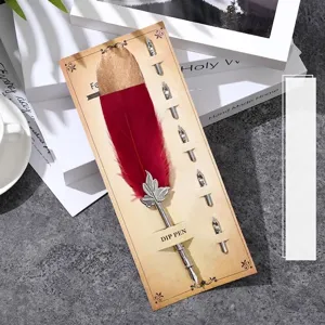 Elegante set di penne a immersione in piuma rossa vintage con punta dorata e 5 pennini
